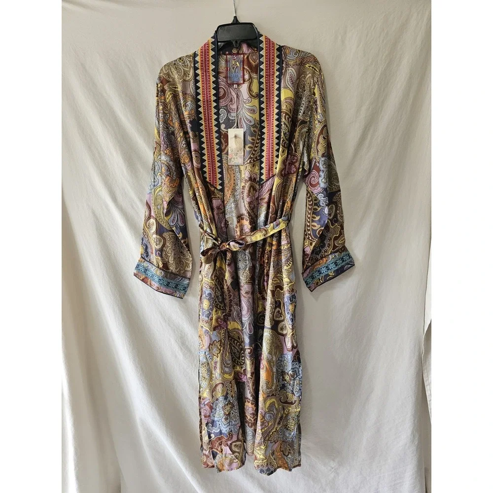 Johnny Was M Sandalwood Tove Kimono Duster 100% Silk Embroidery Pockets $435